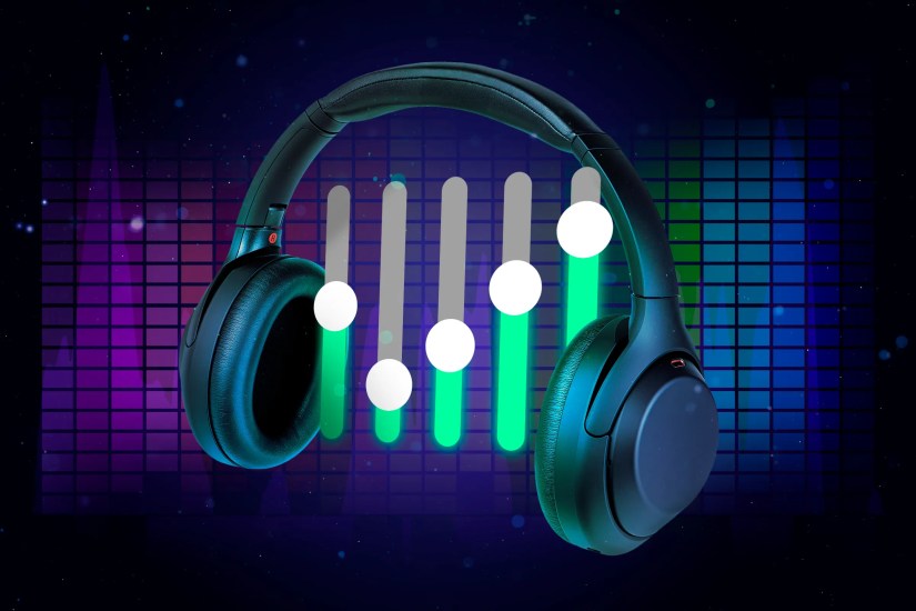 A pair of headphones and a digital equalizer in the center.