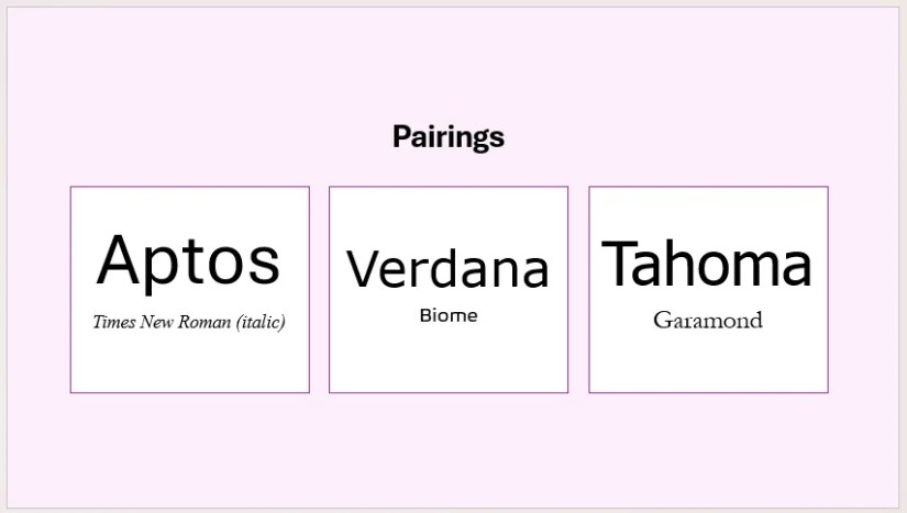 A PowerPoint slide showing some font pairings.
