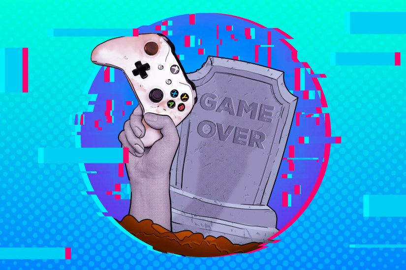 A tombstone with &lsquo;Game Over&rsquo; written on it, and a hand emerging from the ground holding an Xbox controller, with glitch effects around.