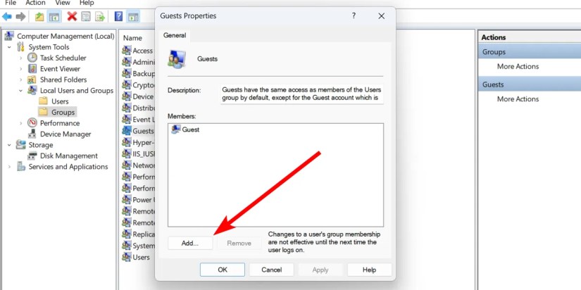 The &ldquo;Add&rdquo; button the Guest properties dialog box on Windows 11.