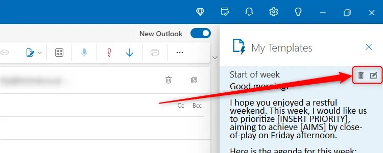 An email template in the new Outlook&rsquo;s My Templates pane, with the trash and edit icons highlighted.
