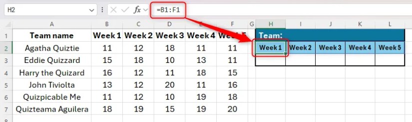 An Excel sheet containing a dynamic array formula to duplicate week numbers.