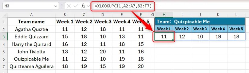 An Excel sheet showing the use of the XLOOKUP function to create a spilled array