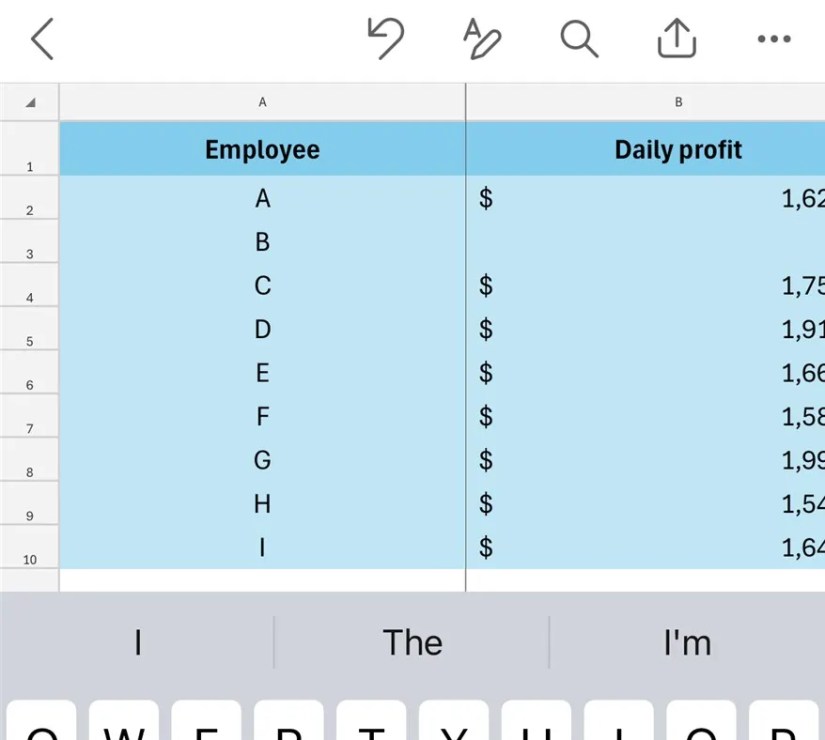 An Excel spreadsheet in the mobile app, with column A frozen and taking up half of the screen&rsquo;s width.