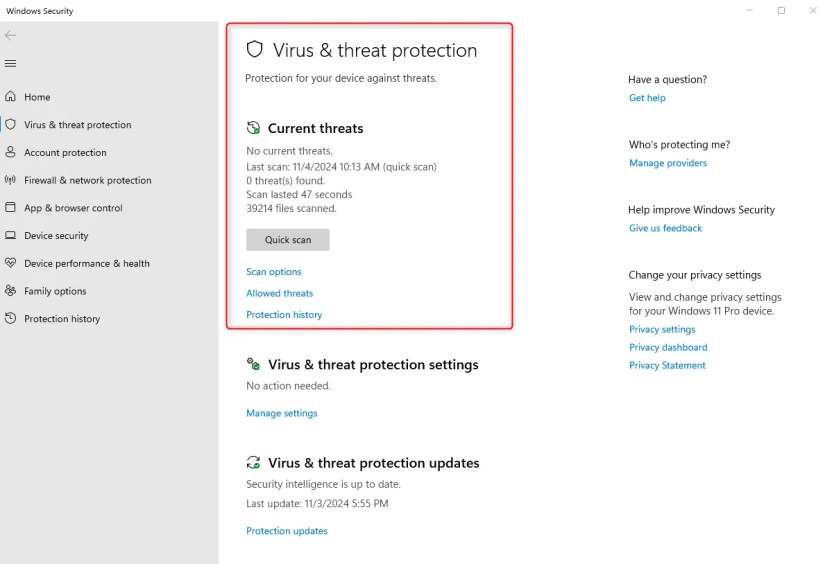 Windows anti-virus status in Windows Security.