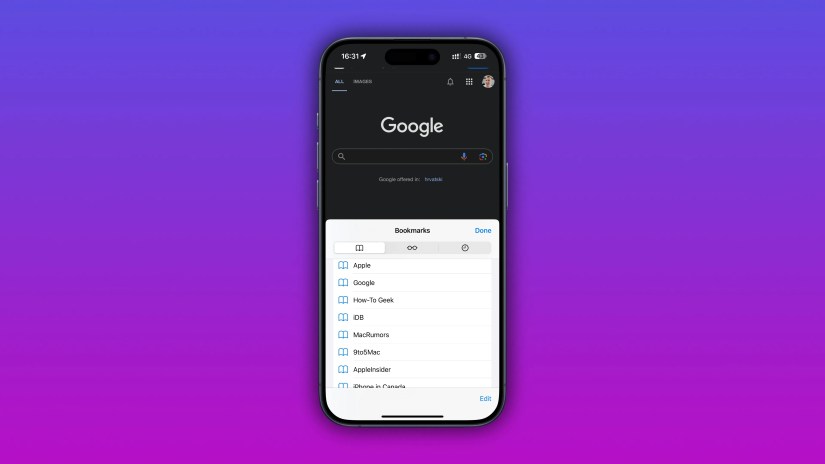 iPhone showcasing saved website bookmarks.