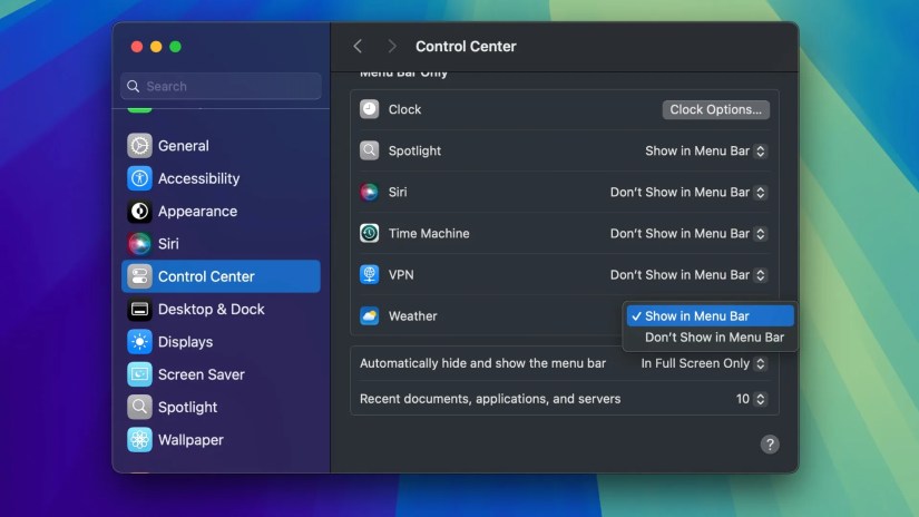 The Mac&rsquo;s System Settings app with the &ldquo;Show in Menu Bar&rdquo; option enabled for the Weather app in the Control Center section.