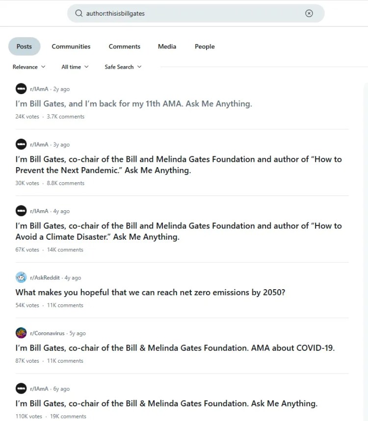 An example using the &ldquo;author:&rdquo; modifier showing posts made by Bill Gates using his official Reddit account.
