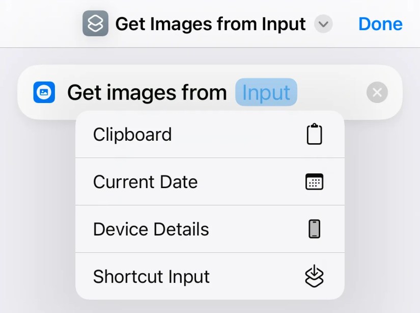 Choosing &lsquo;Shorcut Input&rsquo; in a new Shortcuts workflow.