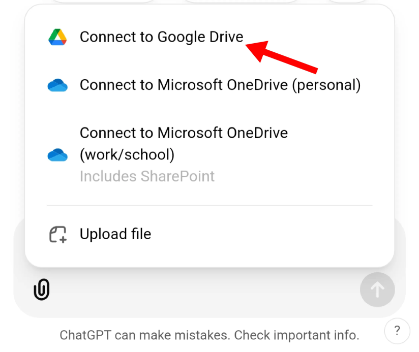 The &lsquo;Connect To Google Drive&rsquo; option at the top of the attachment options.