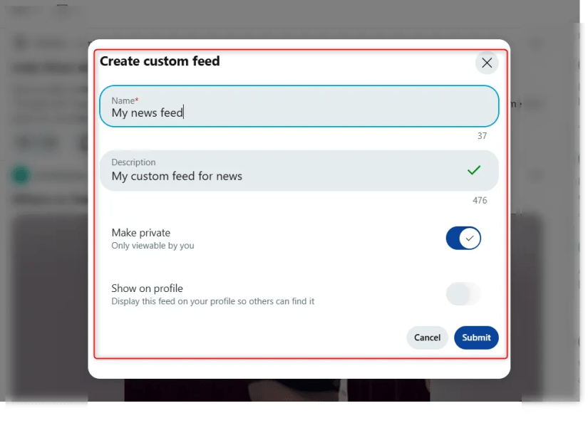 Create custom feed window open on Reddit, with name and description being filled out.