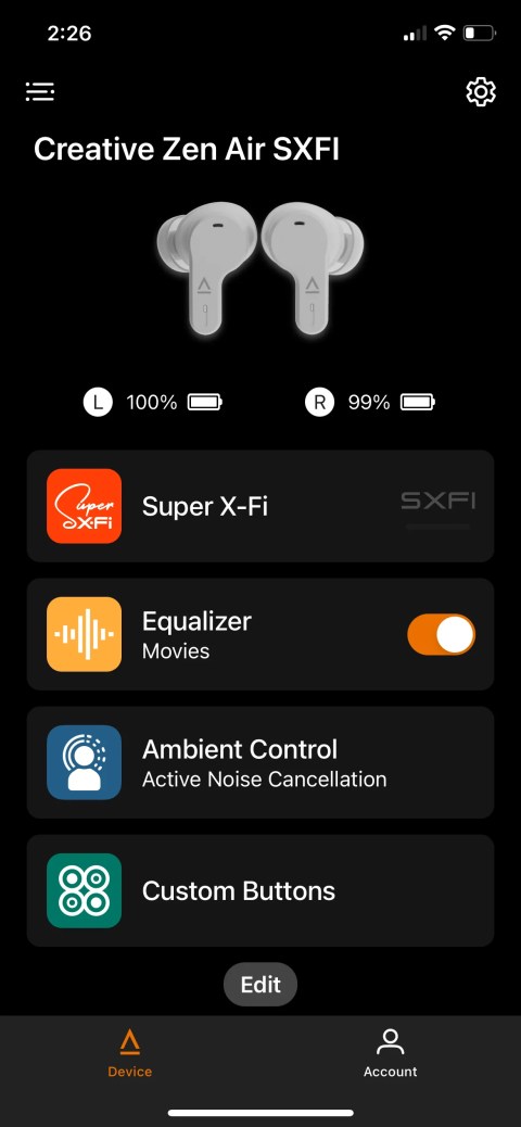 The Zen Air SXFI home page in the Creative app.
