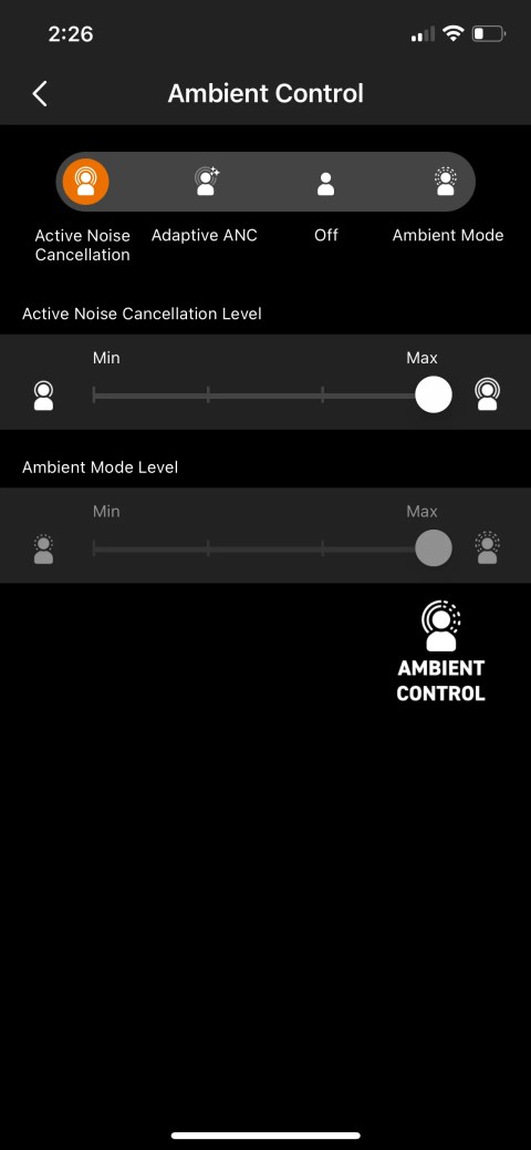 Noise-cancelling controls screen in the Creative app.