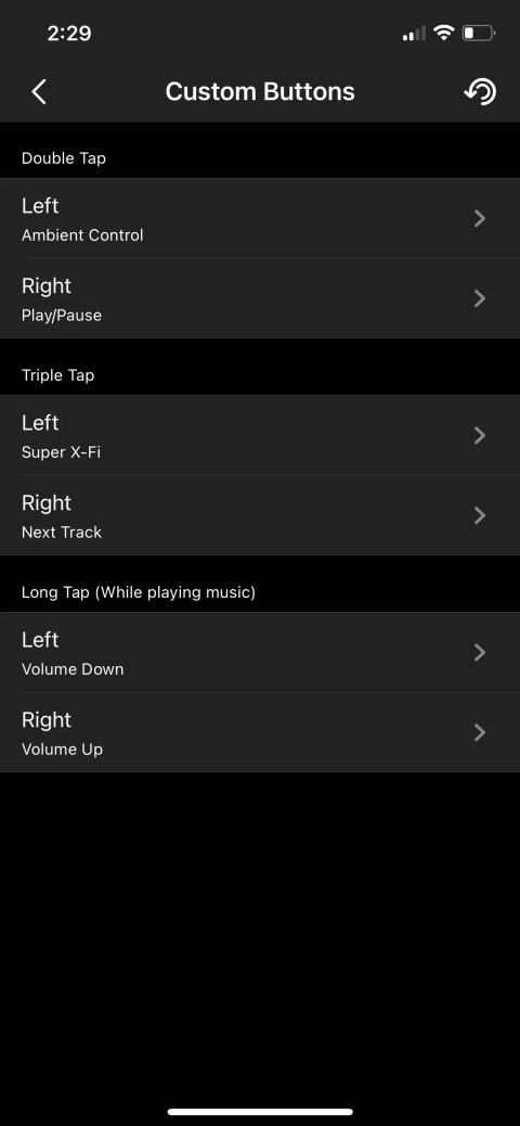 Customizable gestures screen in the Creative app.