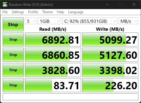 CrystalDiskMark benchmark results.