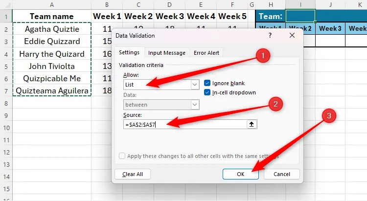 Excel&rsquo;s Data Validation dialog box, with List selected in the Allow field, and a range of cells identified as the source.