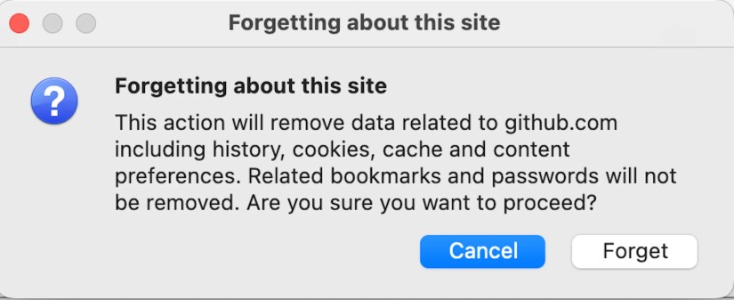 Firefox pop-up window asking for confirmation to forget a website&rsquo;s history.