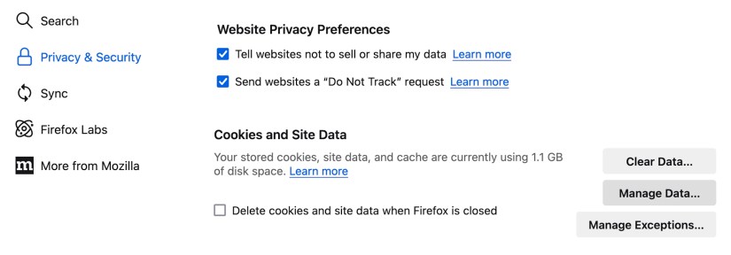 Selecting Manage Data from the Cookies section of FIrefox&rsquo;s Privacy &amp; Security settings.