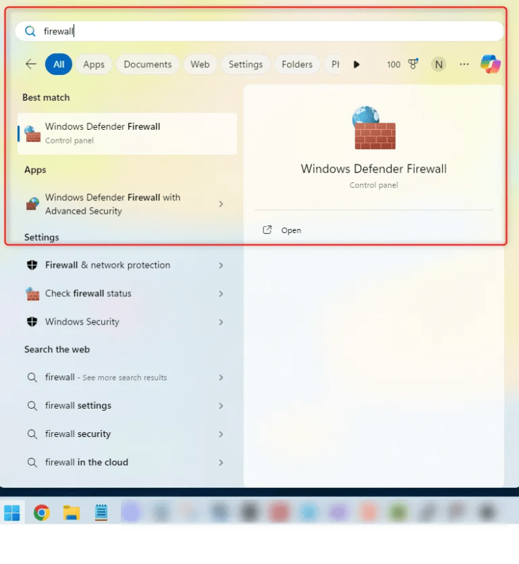 Searching for firewall on Windows start.