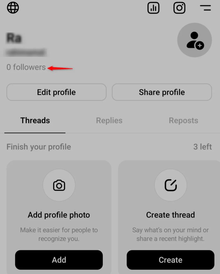 Arrow pointing to &ldquo;Followers&rdquo; on Threads platform profile page.