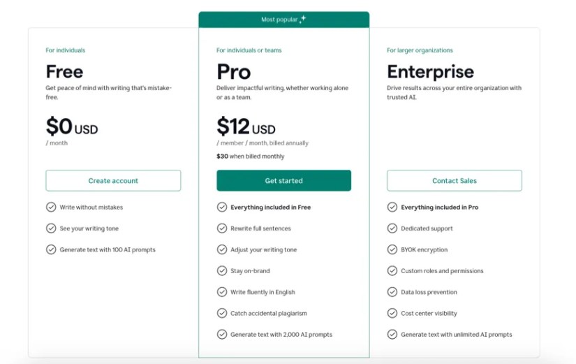Grammarly&rsquo;s US pricing plans, as of November 2024.