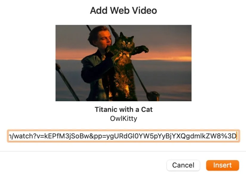 Adding video link to embed in a document in Pages on a Mac.