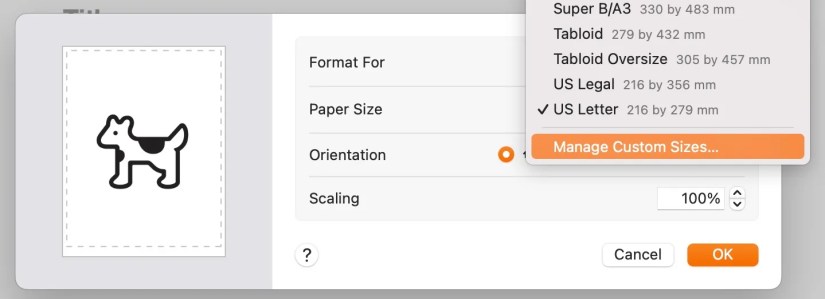 Manage Custom Sizes option for paper size in Pages.