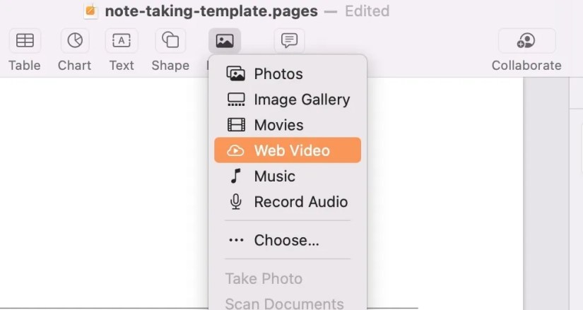 Web Video option in Media attachment in Apple Pages.
