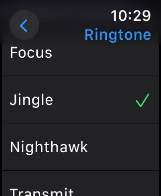 Selecting a ringtone for an Apple Watch.