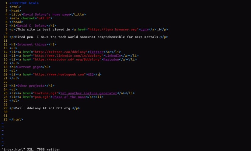 HTML code in Vim on a shell account.
