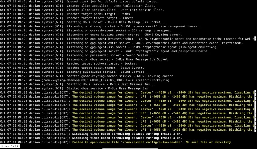 journalctl screen showing system logs in the Linux terminal.