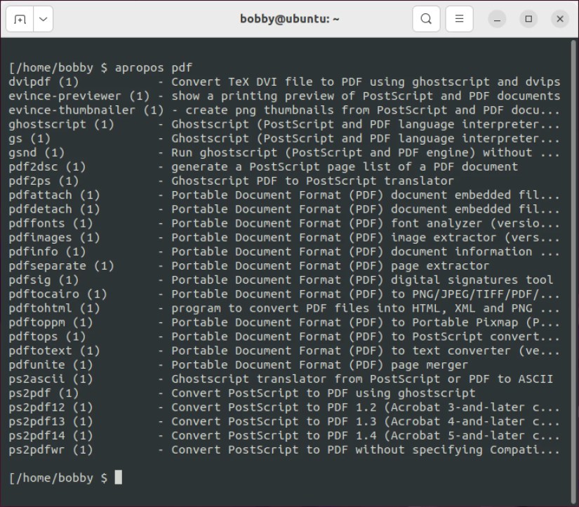 Output from the Linux apropos command showing other commands related to the keyword &ldquo;pdf.&quot;