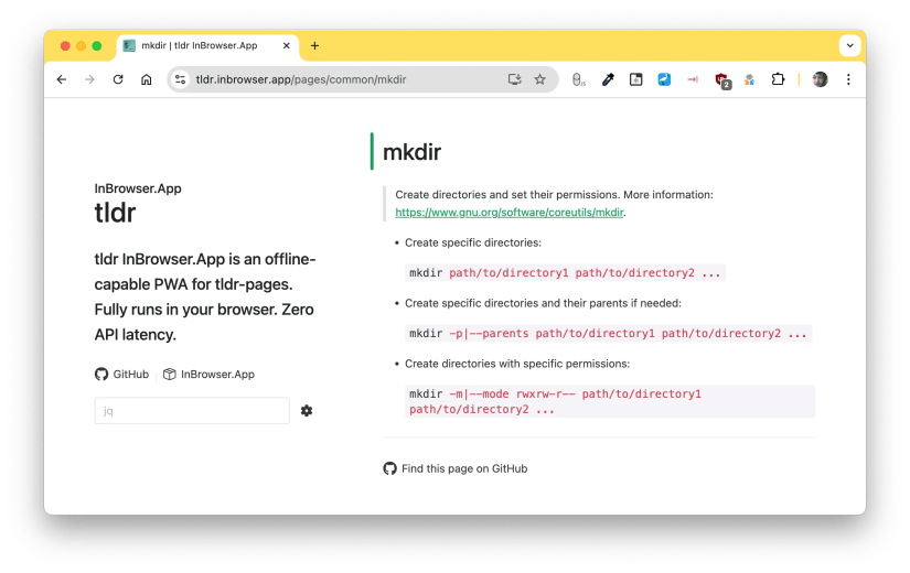 The Linux tldr web interface showing formatted help for the mkdir command.