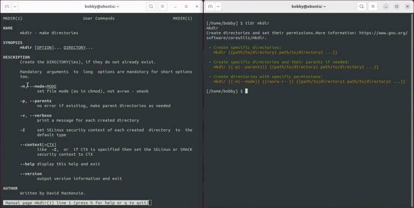 A Linux man page alongside a tldr equivalent which is much briefer, with clear examples.