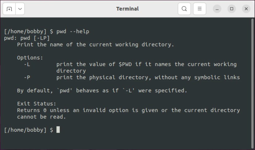 The Linux pwd command with the &ndash;help option showing brief usage information.