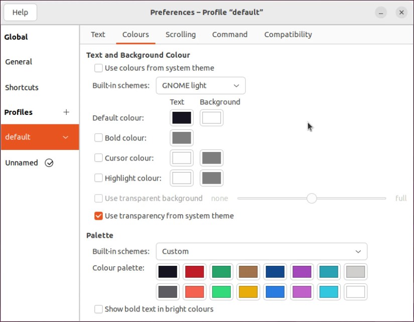 Ubuntu terminal preferences showing settings for text and background color.