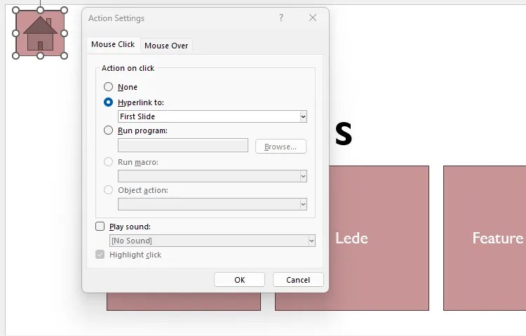 Microsoft PowerPoint&rsquo;s Action Settings dialog box.