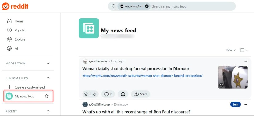 Custom Reddit news feed completed and located on the left-hand menu panel.