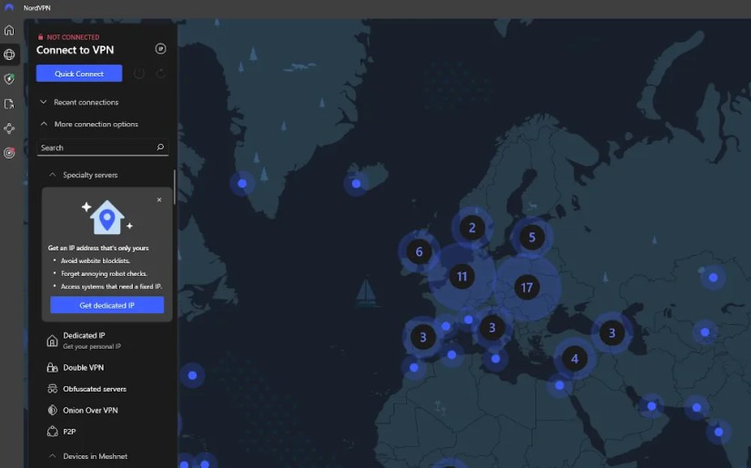NordVPN&rsquo;s map interface with multiple servers visible.