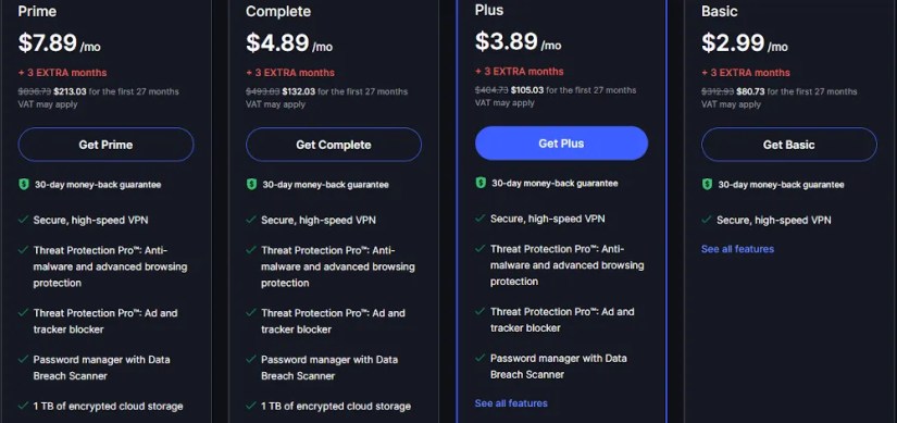 The NordVPN pricing options.