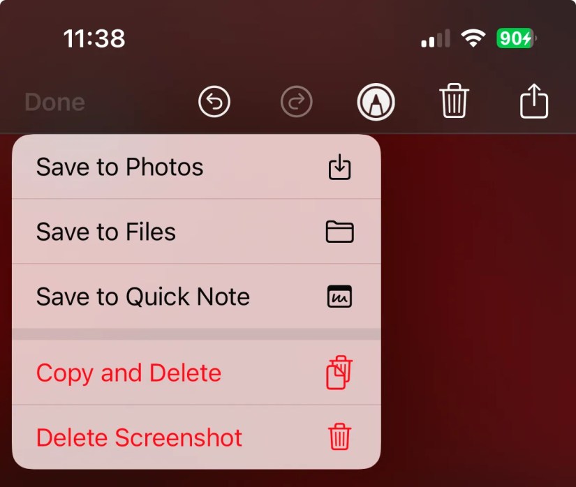 Options under the &lsquo;Done&rsquo; menu in the iOS screenshots overlay.
