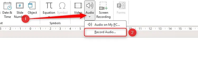 PowerPoint&rsquo;s Audio drop-down menu in the Insert tab.