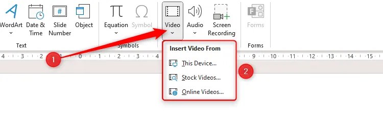 PowerPoint&rsquo;s Insert Video options.
