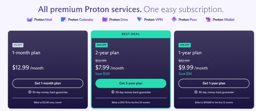 Proton&rsquo;s pricing options, with a discount displayed.