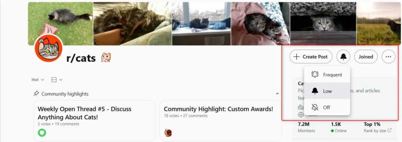 Reddit bell icon being highlighted and alerts changed to low.