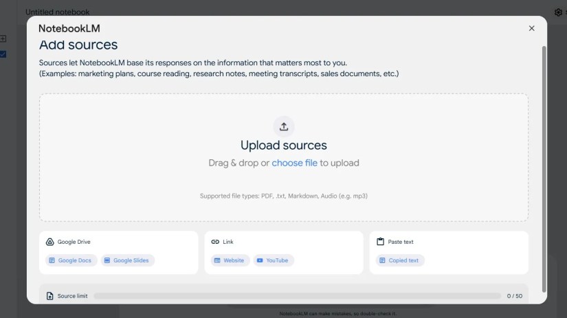 Screenshot of NoebookLM &ldquo;Add Sources&rdquo; page.
