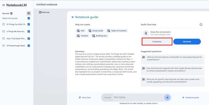 Screenshot &ldquo;Customize&rdquo; button for Audio Overview.