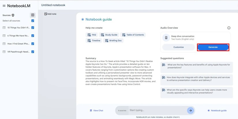 Screenshot of &ldquo;Generate&rdquo; button for Audio Overviews.