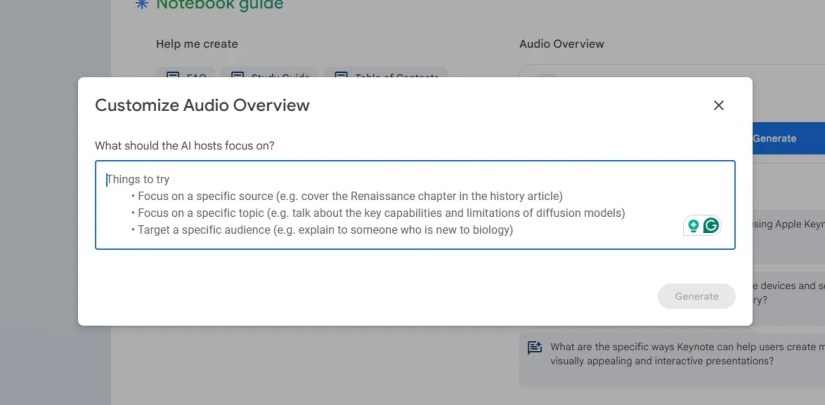Customize Audio Overview prompt text box.