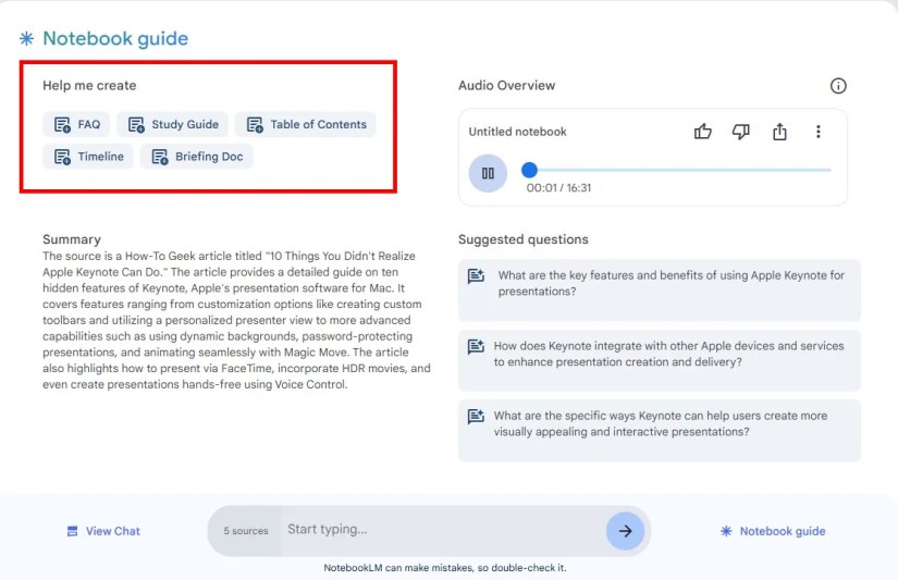 Screenshot of Notebook Guide on NotebookLLM.